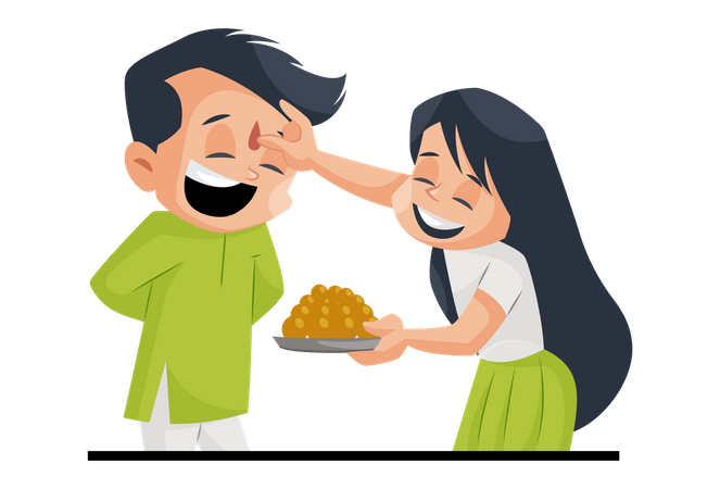 Indian sister doing tika on forehead of brother holding laddu Sweet Illustration