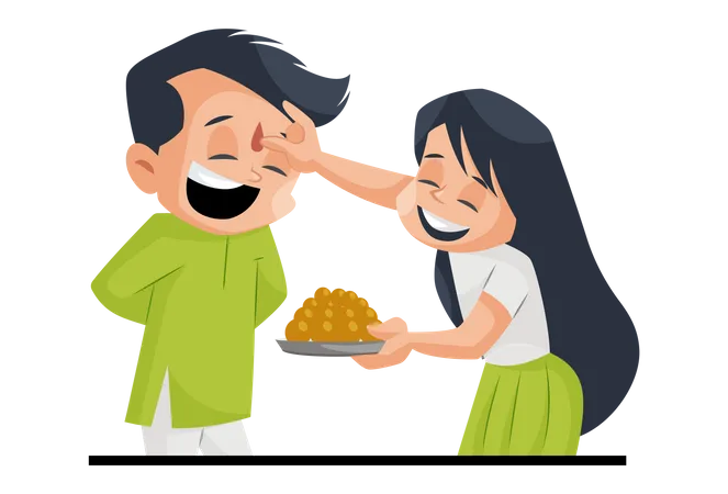 Indian sister doing tika on forehead of brother holding laddu Sweet  Illustration