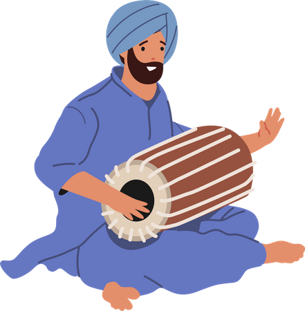 Indian Street Musician Playing Drum  Illustration