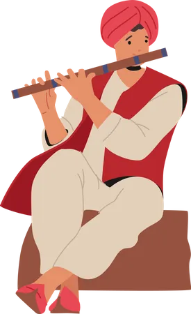 Indian Street Musician Playing Traditional Music on Flute  Illustration