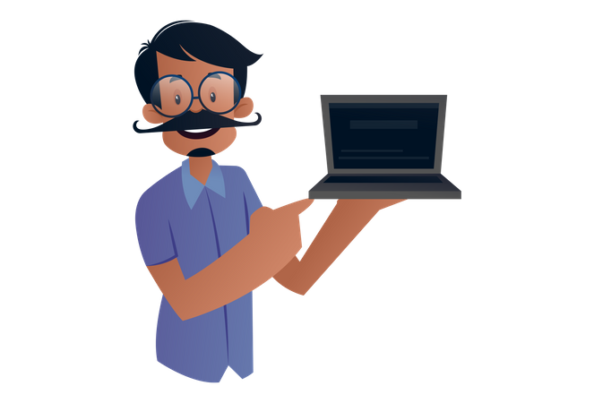 Indian Tailor holding a laptop in hand for advertisement  Illustration