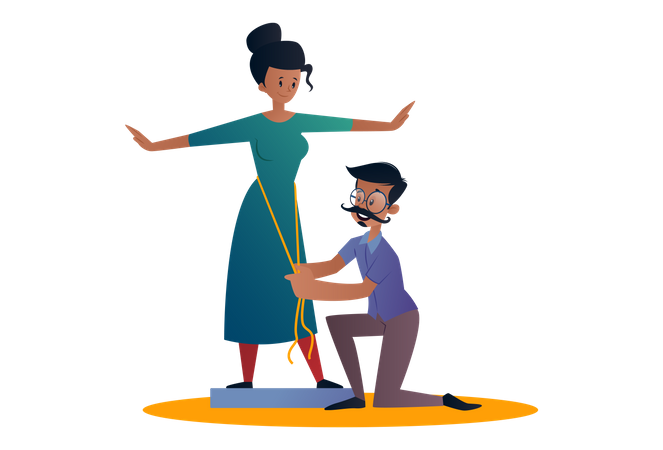 Indian Tailor holding a measurement tape and measuring lady for dress  Illustration