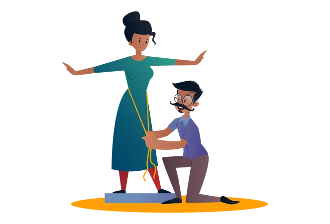 Indian Tailor holding a measurement tape and measuring lady for dress  Illustration