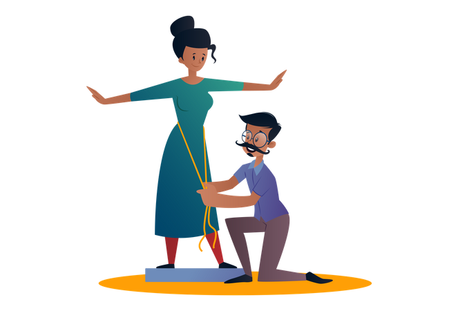 Indian Tailor holding a measurement tape and measuring lady for dress  Illustration