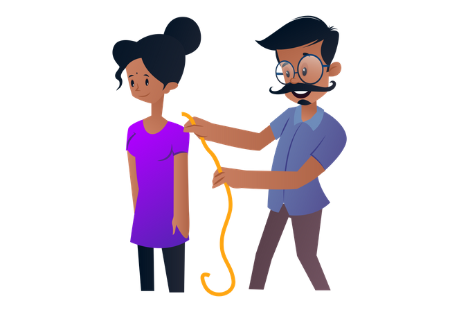 Indian Tailor measuring lady from backside for dress  Illustration