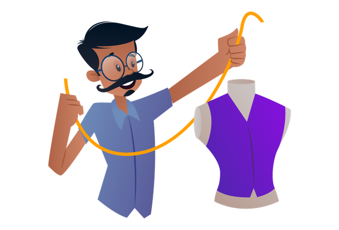 Indian Tailor measuring tape and making a dress  イラスト