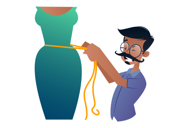 Indian Tailor measuring woman's waist for dress  イラスト