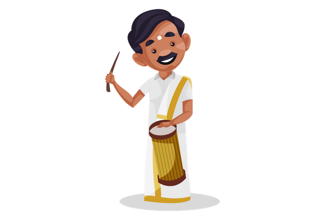 Indian tamil man playing drum with stick  Illustration