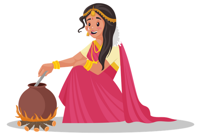 Indian tamil woman cooking food  Illustration