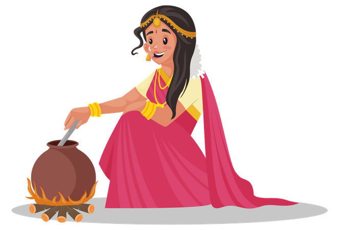Indian tamil woman cooking food  Illustration