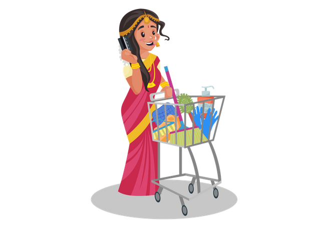 Indian tamil woman doing shopping Illustration
