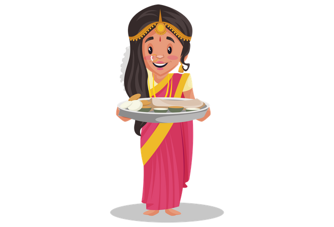 Indian tamil woman holding food dish in her hand  Illustration