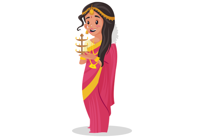 Indian tamil woman holding lamp Illustration