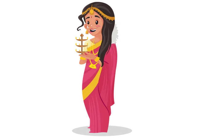 Indian tamil woman holding lamp  Illustration