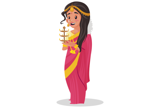 Indian tamil woman holding lamp  Illustration