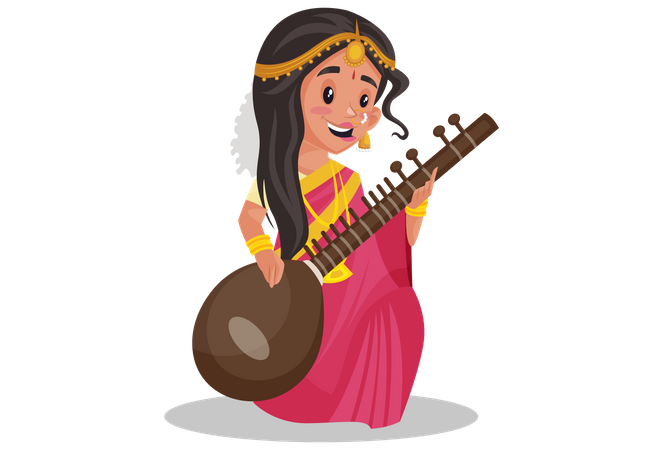 Indian tamil woman playing veena  Illustration