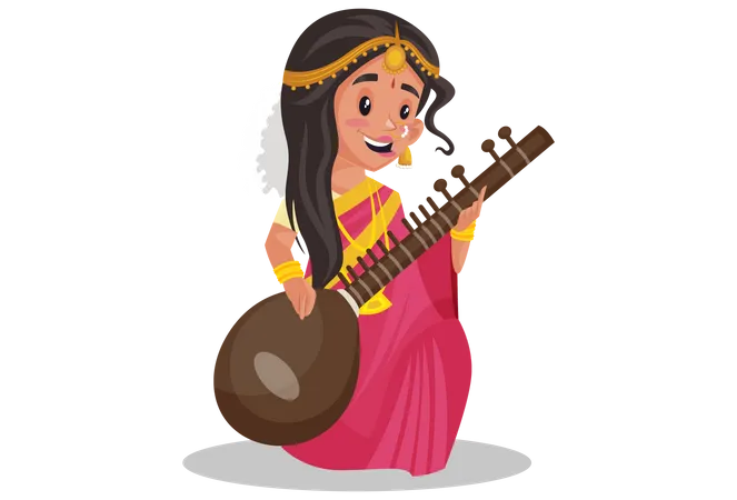 Indian tamil woman playing veena  Illustration