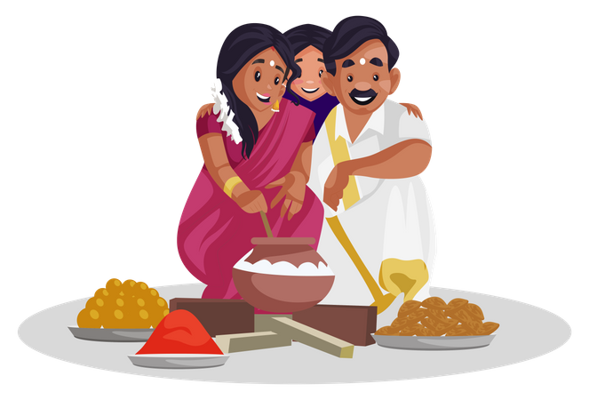 Indian tamilian family making sweets  Illustration