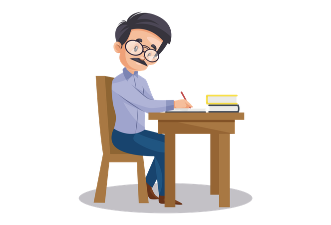 Indian Teacher checking exam paper seating on desk  Illustration