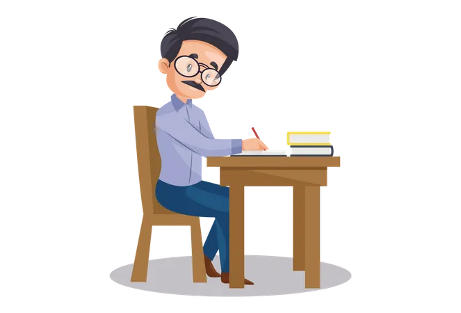 Indian Teacher checking exam paper seating on desk  Illustration