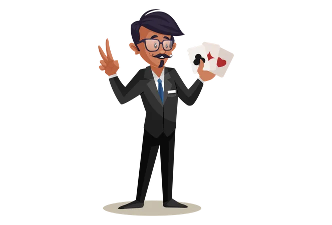 Indian Train Conductor playing Cards  Illustration