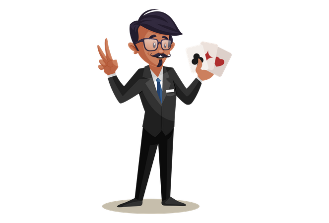 Indian Train Conductor playing Cards  Illustration