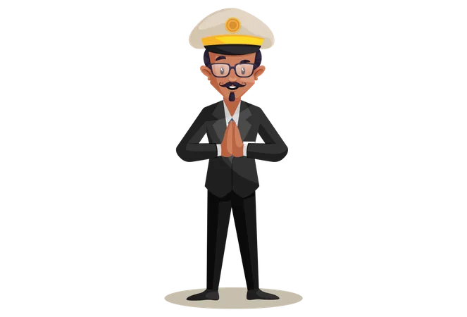 Indian Train Conductor with Namaste Hand Gesture  Illustration