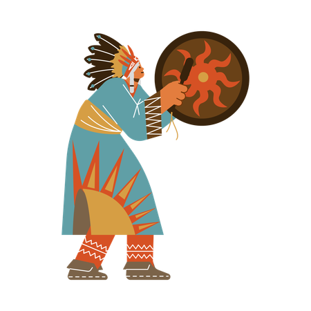 Indian tribal shaman beats drum in traditional ethnic costume with feathers  Illustration