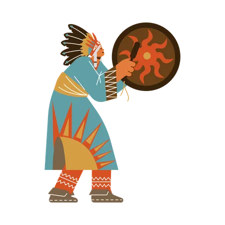 Indian tribal shaman beats drum in traditional ethnic costume with feathers  Illustration