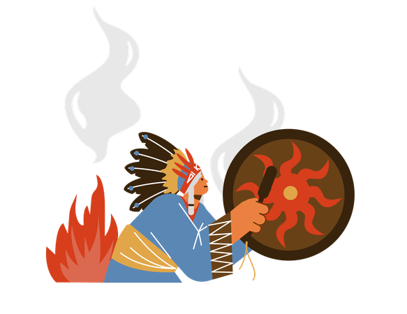 Indian tribal shaman beats the drum and dancing near the fire  Illustration