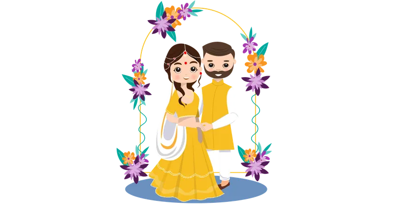 Indian wedding couple enjoying haldi function  Illustration