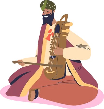 Indian wedding musician man in national clothes playing on sarangi Illustration