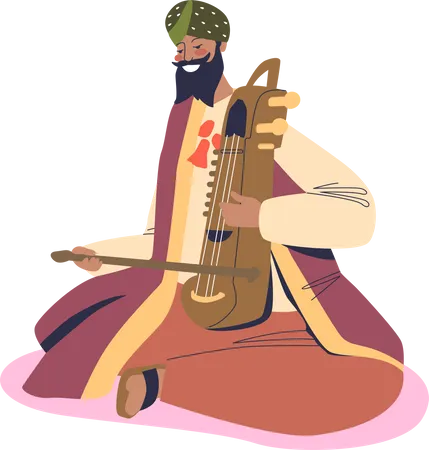 Indian wedding musician man in national clothes playing on sarangi  Illustration