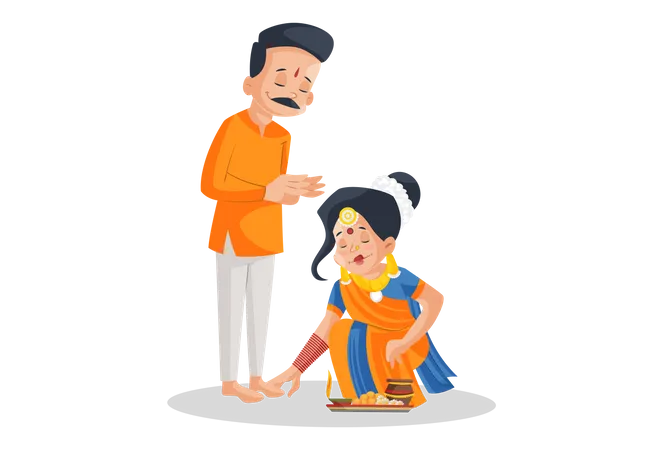 Indian wife taking blessings from his husband  Illustration