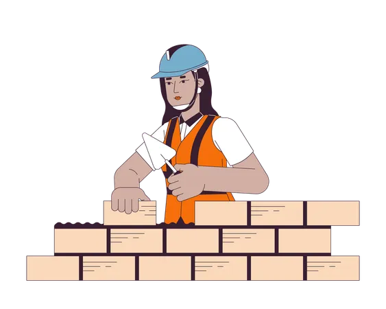 Indian Woman Bricklayer Building Line Cartoon Flat Illustration South Asian Female Construction Worker 2 D Lineart Character Isolated On White Background Hardhat Contractor Scene Vector Color Image Illustration