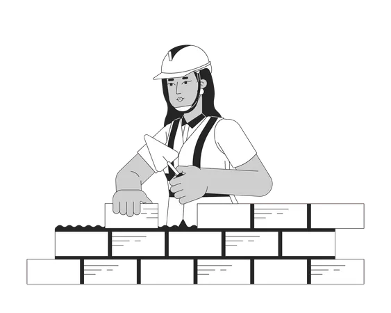 Indian Woman Bricklayer Building Black And White Cartoon Flat Illustration South Asian Female Construction Worker 2 D Lineart Character Isolated Hat Contractor Monochrome Scene Vector Outline Image Illustration