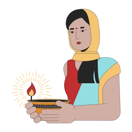 Indian woman carrying diwali diya  Illustration