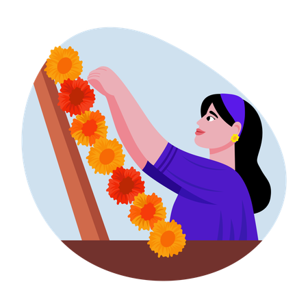 Indian Woman Decorating flowers  Illustration