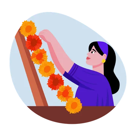 Indian Woman Decorating flowers  Illustration