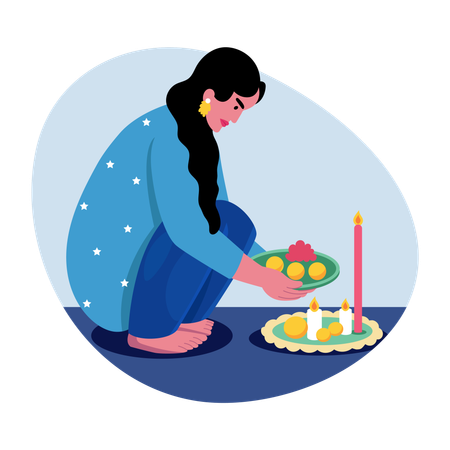 디왈리 의식을 치르는 인도 여성  일러스트레이션