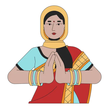 Traditional Indian Woman Namaste 2 D Linear Cartoon Character Anjali Mudra Pressing Palms Together Isolated Line Vector Person White Background Hindu Festival Deepawali Color Flat Spot Illustration Illustration