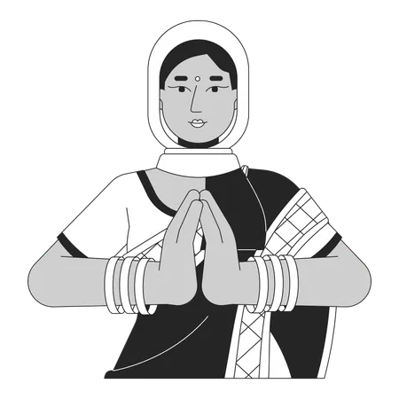 Traditional Indian Woman Namaste Black And White 2 D Line Cartoon Character Anjali Mudra Pressing Palms Together Isolated Vector Outline Person Hindu Festival Monochromatic Flat Spot Illustration Illustration