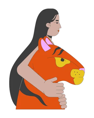 Indian woman embracing tiger head  Illustration