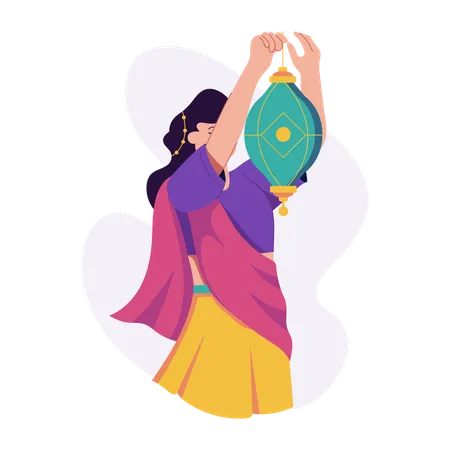 Indian woman Hanging Lantern  Illustration