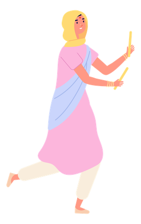 Indian woman holding dandiya sticks  Illustration