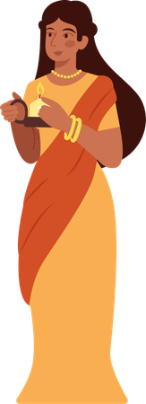 Indian Woman Holding Diya  Illustration