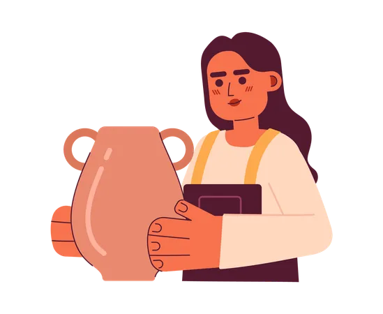 Indian Woman Holding Handmade Amphora Semi Flat Color Vector Character Pottery Hobby Editable Half Body Girl In Workshop On White Simple Cartoon Spot Illustration For Web Graphic Design Illustration