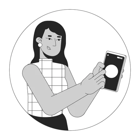 Woman Showing Mobile Phone Black And White 2 D Line Cartoon Character Indian Female Using Smartphone Isolated Vector Outline Person Communication Technology Monochromatic Flat Spot Illustration Illustration