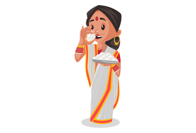 Indian woman holding indian sweet in plate and eating it  Illustration