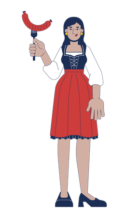 Indian woman in dirndl holding grilled sausage  Illustration